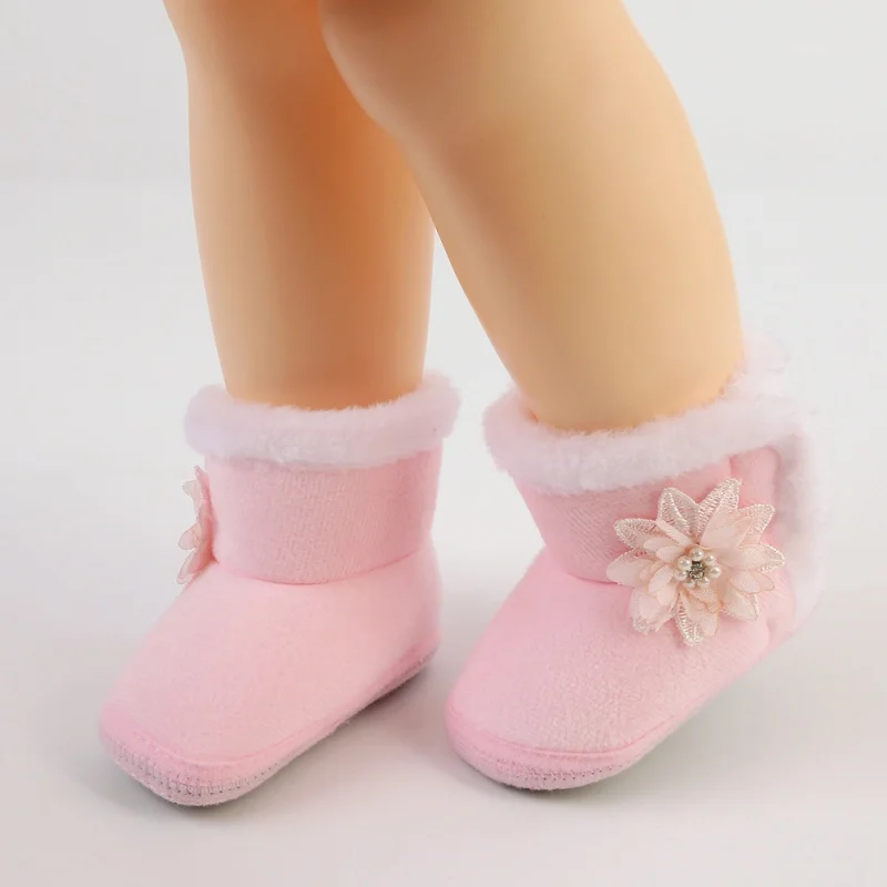 Autumn Winter Baby Shoes Sweet Flower Flat Boots Girl Fashion Princess Style Plush Warm Boot Soft Bottom Anti-Slip First Walkers 1