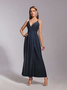 فستان سهرة أنيق باللون الأزرق الداكن مع فتحة ولامعة - فستان رسمي مثير برقبة على شكل حرف V مع فتحة، فستان حفلة موسيقية طويل لامع للنساء 4