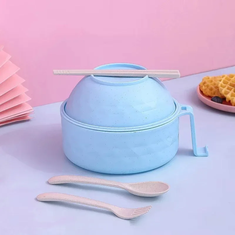 Microwave Ramen Bowl With Tableware Large Capacity Environmentally Friendly Wheat Straw Draining Water Bowl Handle Anti-Scalding