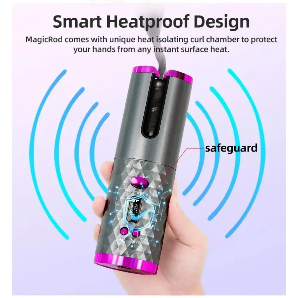 USB Rechargeable Cordless Hair Curler Auto Rotating Temp Time Adjustable Wireless Curling Iron Fast Heat Effortless Styling Hair