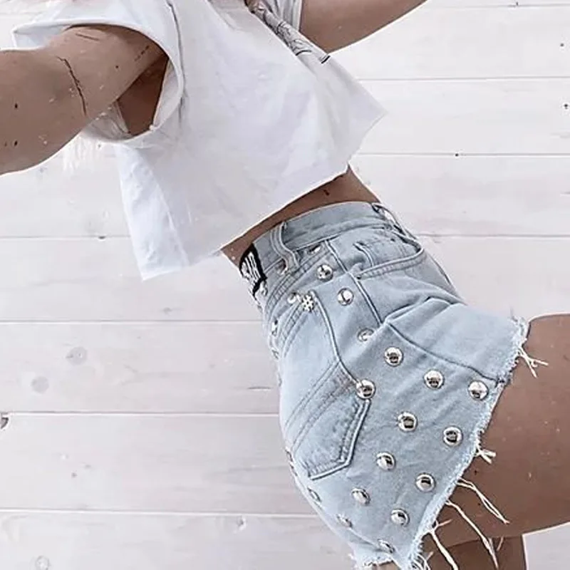 2023 New Women High Waist Blue Denim Shorts Female Fashion Casual Summer Indie Cool Rivet Washed Women Clothes Y2k Denim Shorts