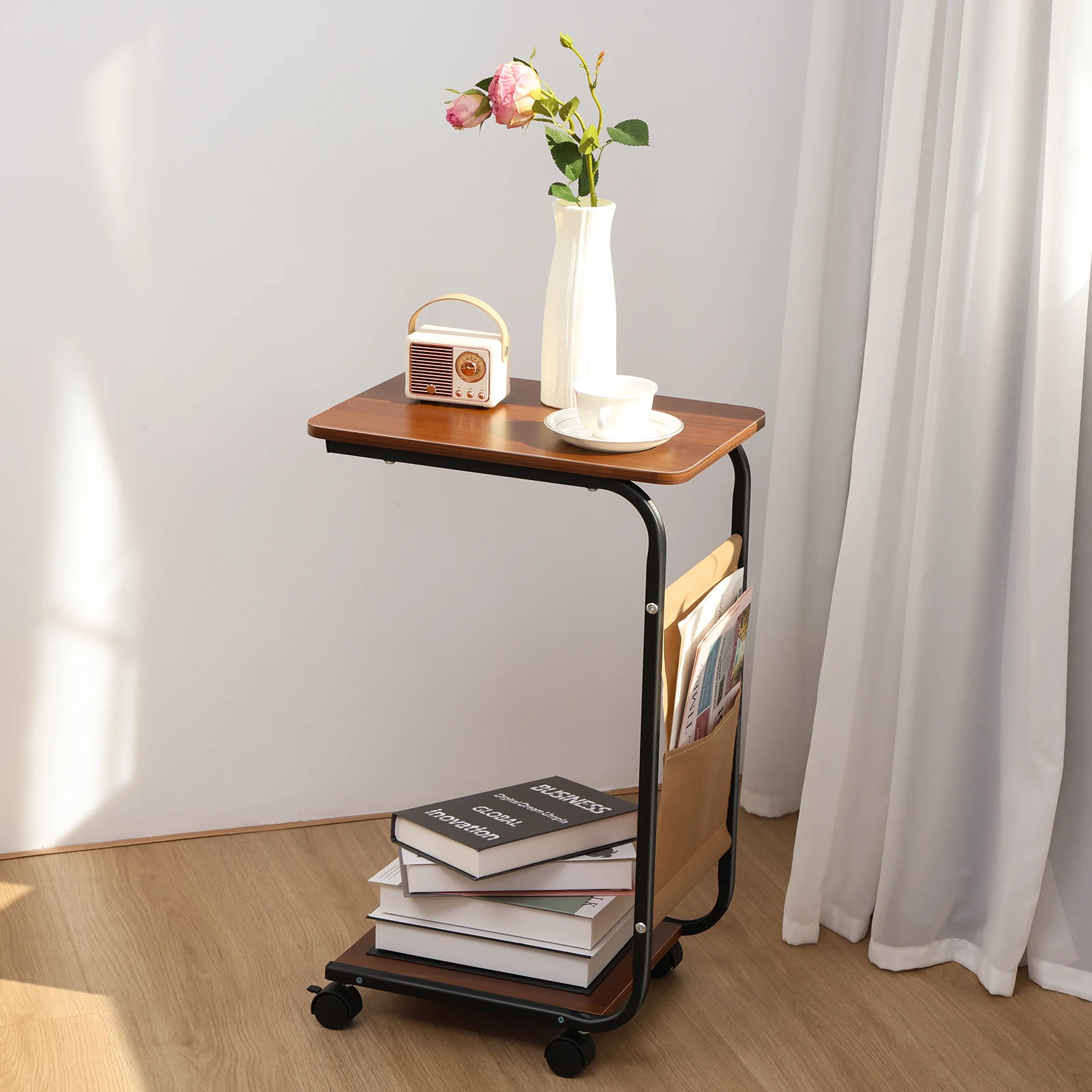 End Table, Rectangle Side Table, Night Stand with 2-Tier Storage Shelf and Fabric Storage Bag, Living Room Small Coffee Table 5