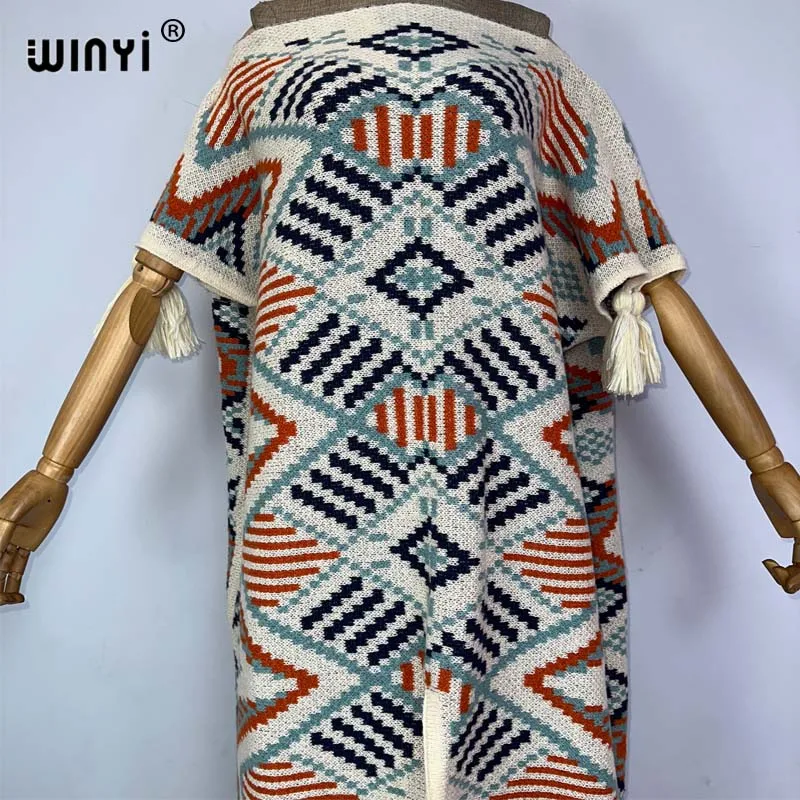 Winyi Nieuwe Geometrische Print Comfort Warm Mode Kaftan Vakantie Jurk Elegante Afrika Boho Party Winter Kaftan Voor Vrouwen Lange Jurk