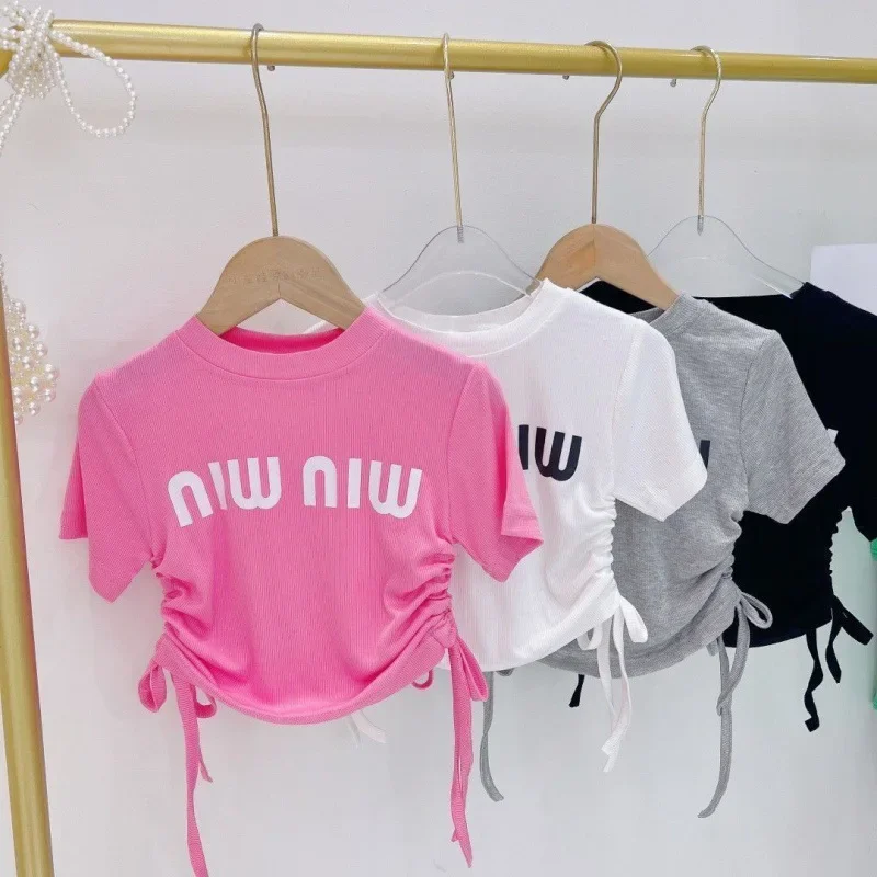 Summer Dress Girls Short-Sleeved T-Shirt Letter Top 2023 New Korean Style Foreign Style Fashion Baby Pullover Short T-Shirt