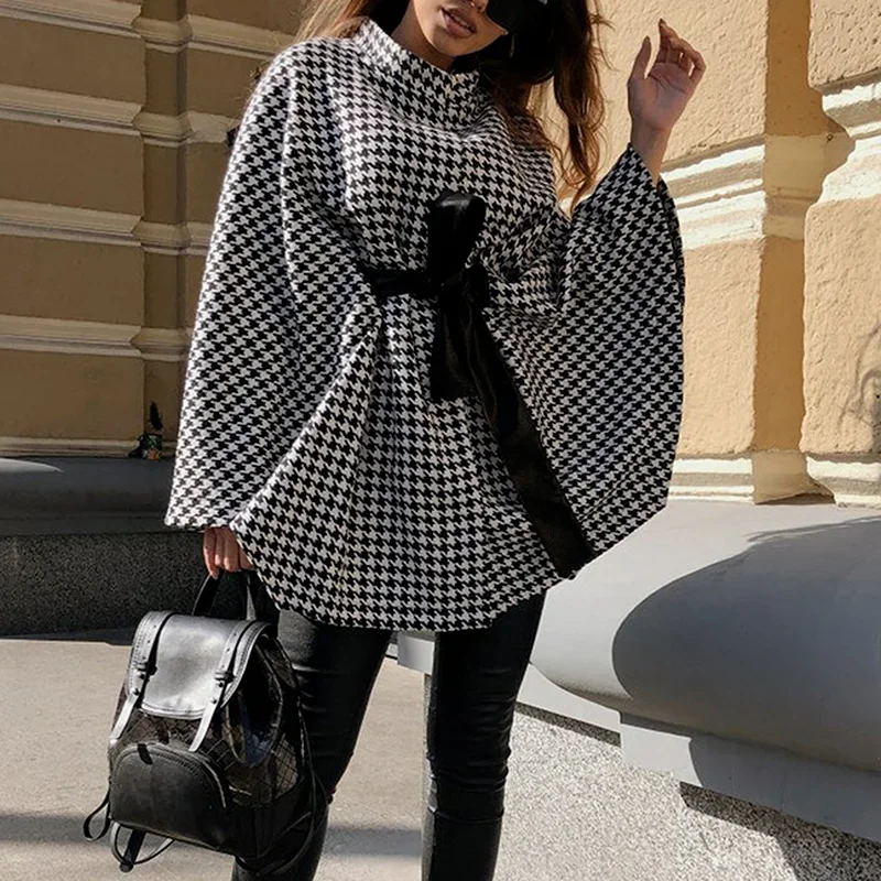 Fashion Women Elegant Long Sleeve Pullover Houndstooth Ladies Cloak Cape Coat Sashes High Street Casual Oversize Autumn Winter 4 colors women coat poncho autumn winter casual overcoat zipper loose pullover cloak sweater cape outwear 2021 new