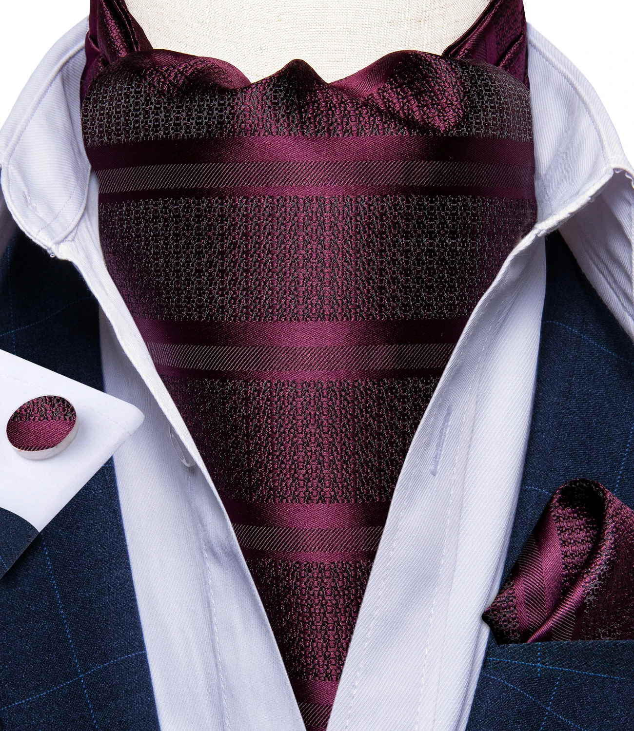 Classic Burgundy Red Ascot Ties Silk Striped Woven Scarf Cravat