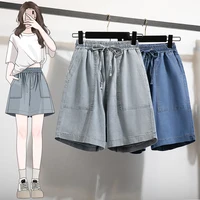 Plus Size Denim Shorts For Women Summer 2024 New Half Length Wide Leg Blue Drawstring Jeans High Elastic Wasit Shorts Hot Sale - Image 2
