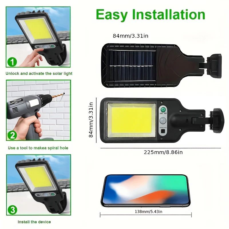 Luz LED/COB con Sensor de movimiento Solar, lámpara de pared para exteriores con 3 modos de brillo para puerta delantera, patio, camino, plantación de carport, resort de esquí