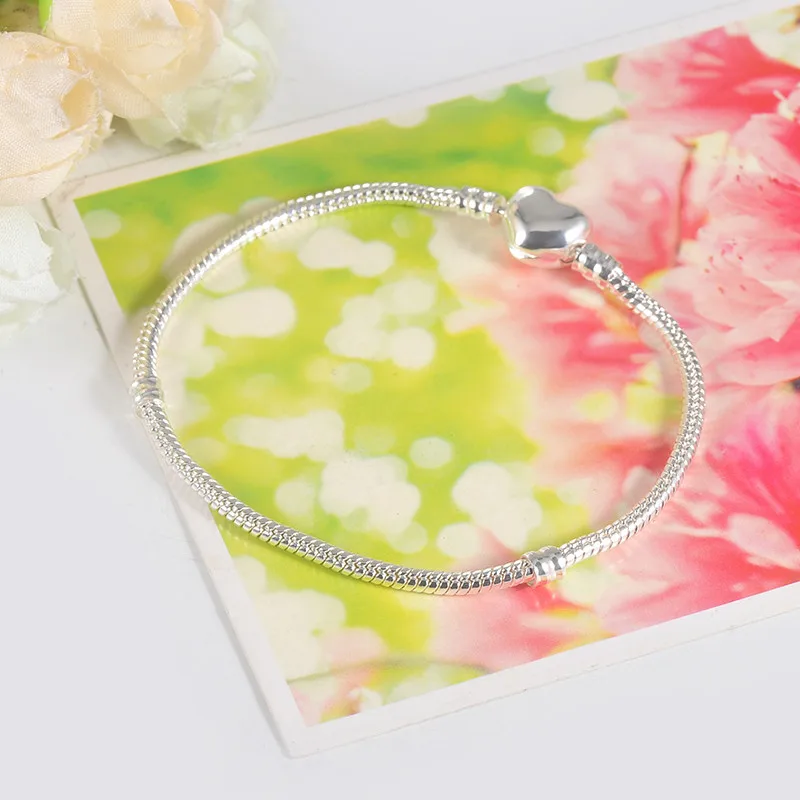 Original 925 Silver Color heart shape charm bracelet snake DIY bead bracelets gift for women