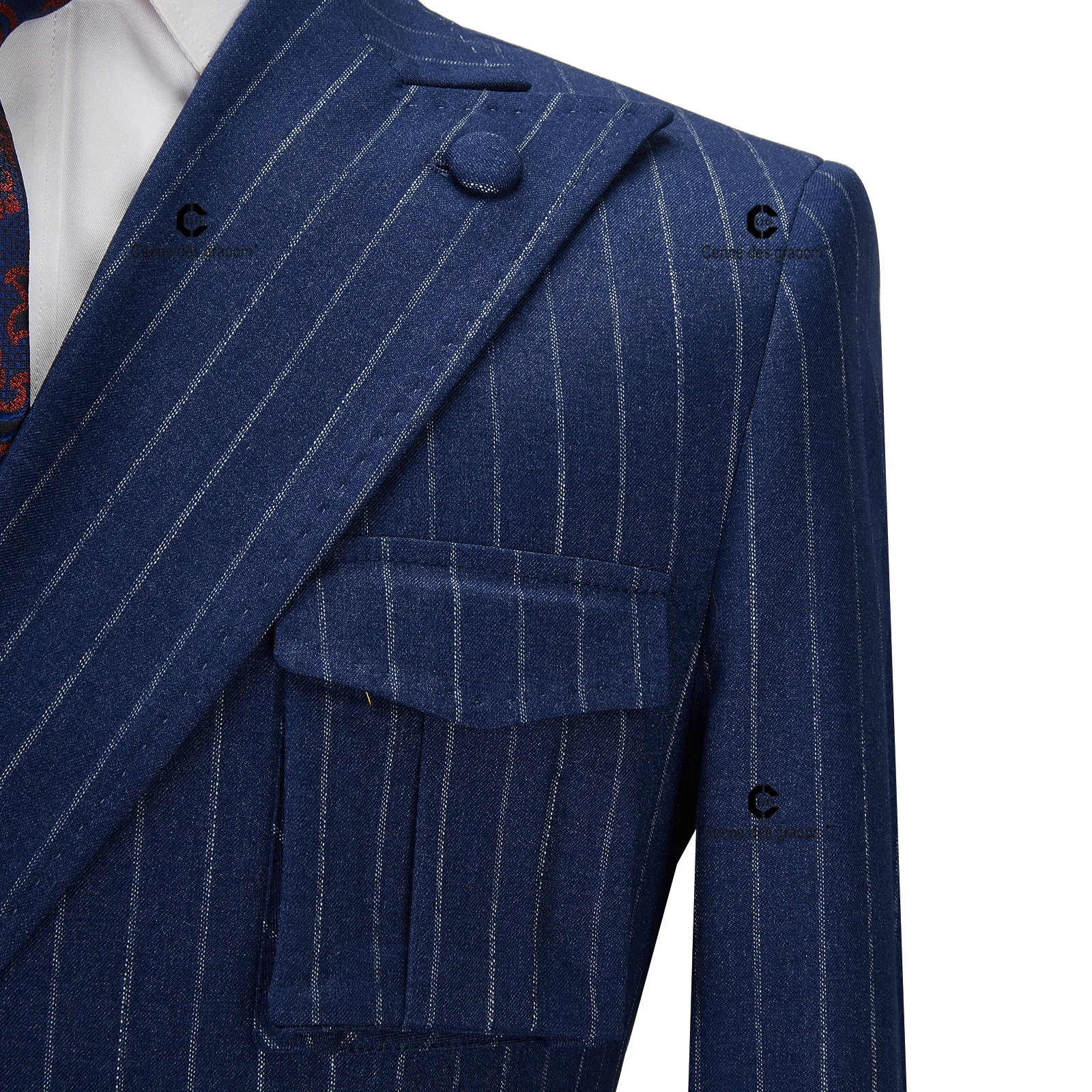 Cenne Des Graoom Blue Pinstriped Suits for Men Right Side Button Peak Lapel Jacket Pants 2 Pcs Slim Fit Groomsman Wedding