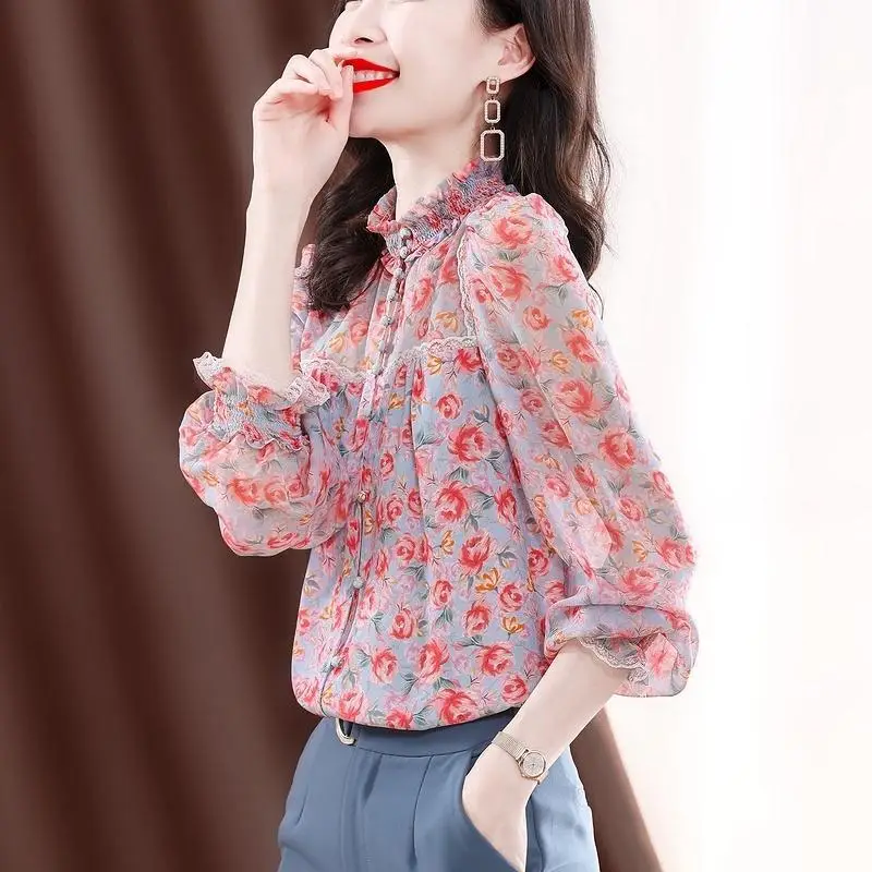 

Shirt long sleeves female 2023 spring new fashion foreign gas printing flower wood ear ear high -end printed chiffon blouse top