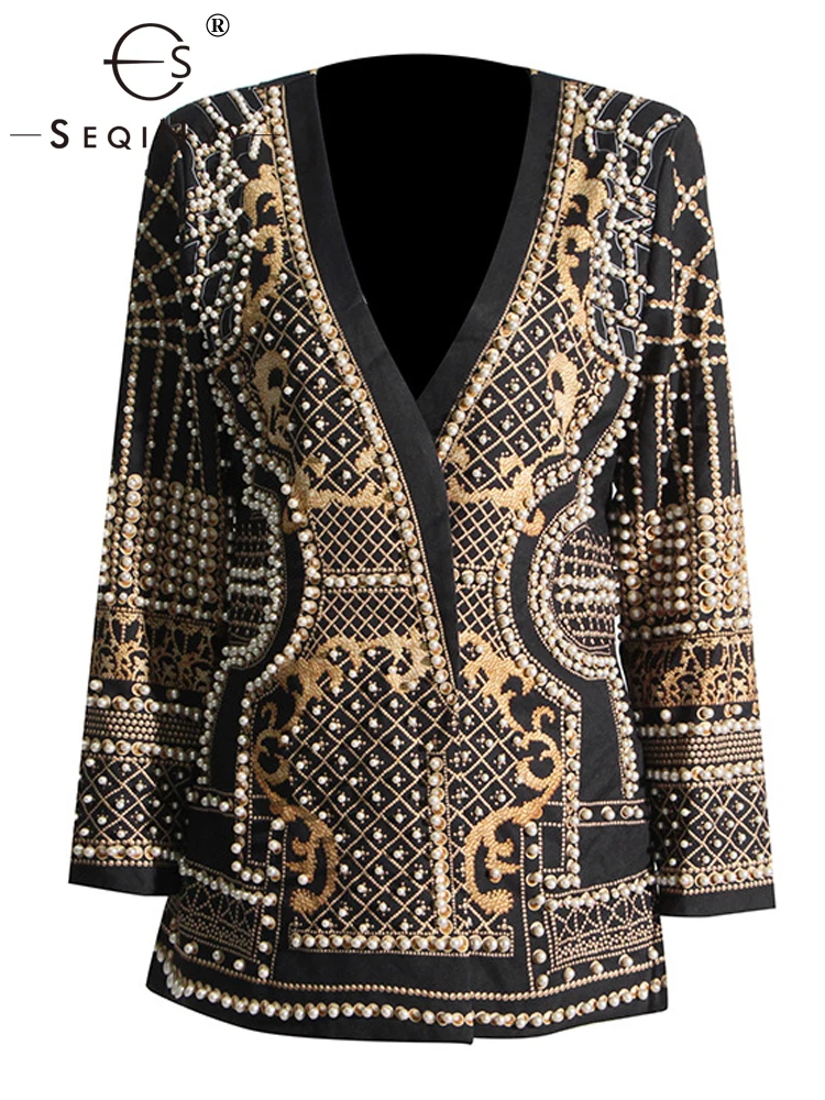 

Женский элегантный длинный тренчкот SEQINYY, весенне-осенний модный дизайнерский подиумный винтажный свободный тренчкот В богемном стиле с цветочным узором и бусинами