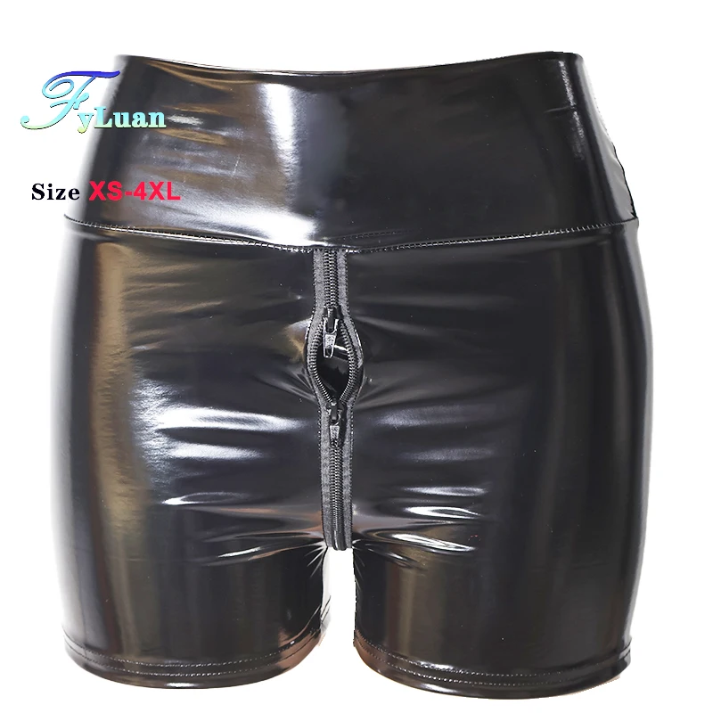 Red Shine PU Double Zipper Women Shorts Butt Lift Slim Shorts Vintage High Waist Elastic Tights Pants Pole Dance Clubwear