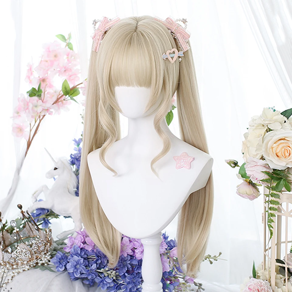 OLACARE Synthetic Long Wavy Curly Ponytail Lolita Wig with Bangs Girl Cute Ombre Blonde Cosplay Party Halloween Harajuku Wig