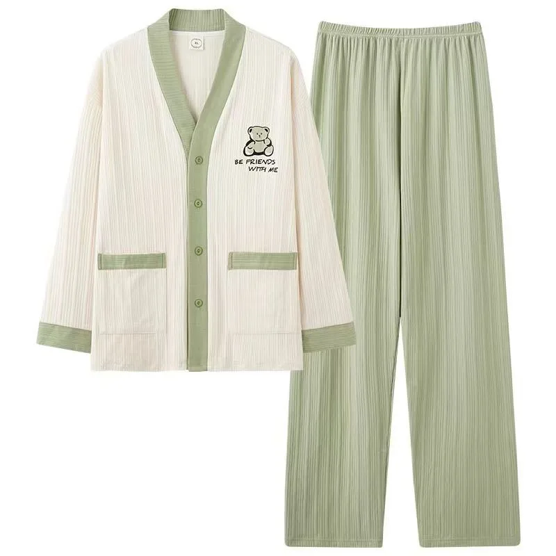 Couple Pajamas Women Men Spring Fall Loungewear Long Sleeve Pants Cotton Sleepwear Set Korean Loose Youth Homewear Outfit Pijama