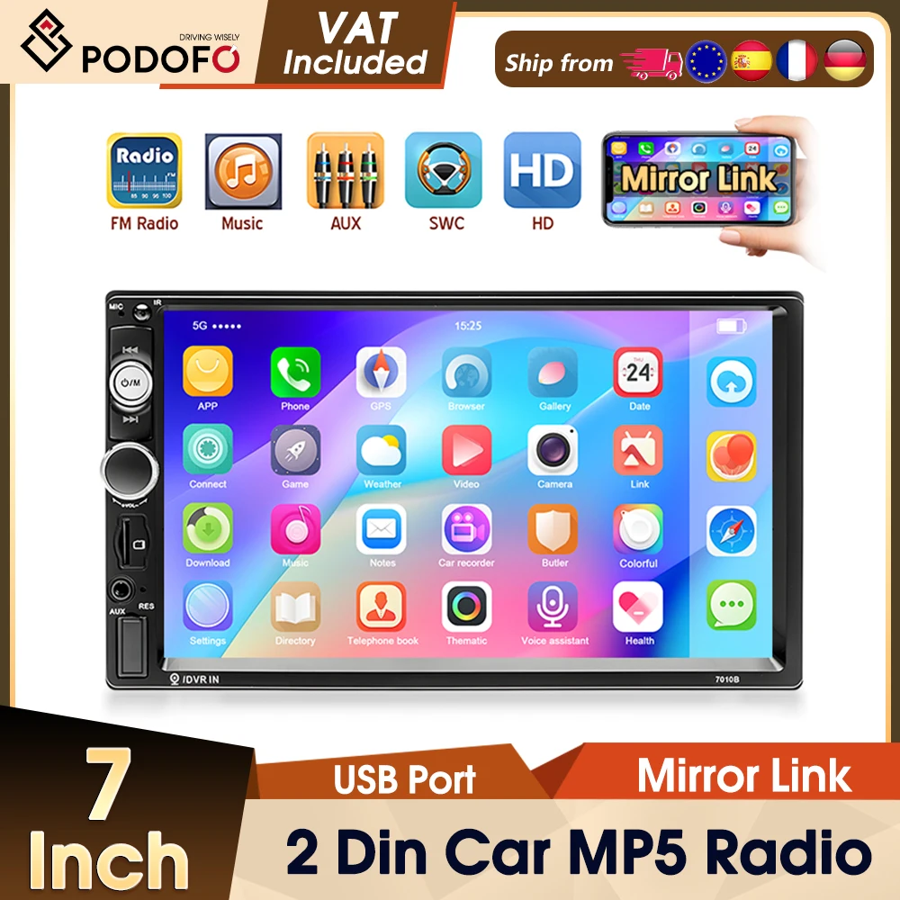Radio para Auto Podofo 2Din de 7'' con Soporte para Android/iPhone, Mirror Link, SWC, Reproductor Multimedia, Bluetooth, Radio FM, AUX, USB y Carga 1