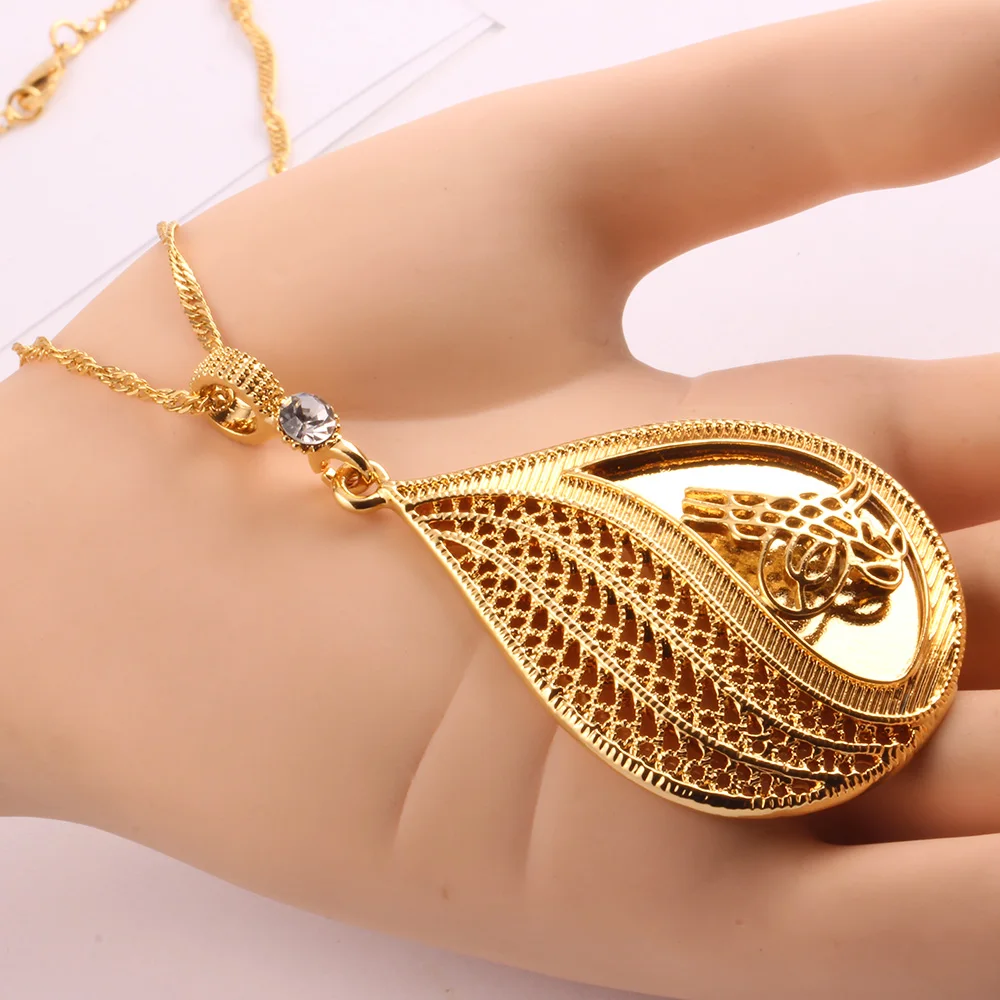 Arabic Islamic Religious Women God Allah Gold Color Rhinestone Pendant Necklace Jewelry Muslim Ramadan Gift No Faded