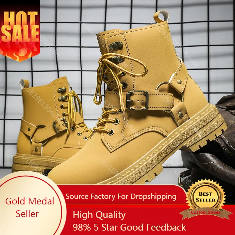 

2023 Personality Cowboy Boots Men Leather Boots for Men Hip Hop Buckles Winter Boots Men Motorcycle Man Zapatos Hombre