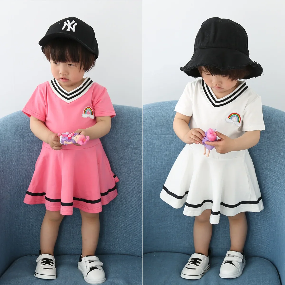 

Summer New Girls' College-style Ruffled Children's Cotton V-neck dress Embroidered Short-sleeved Skirt