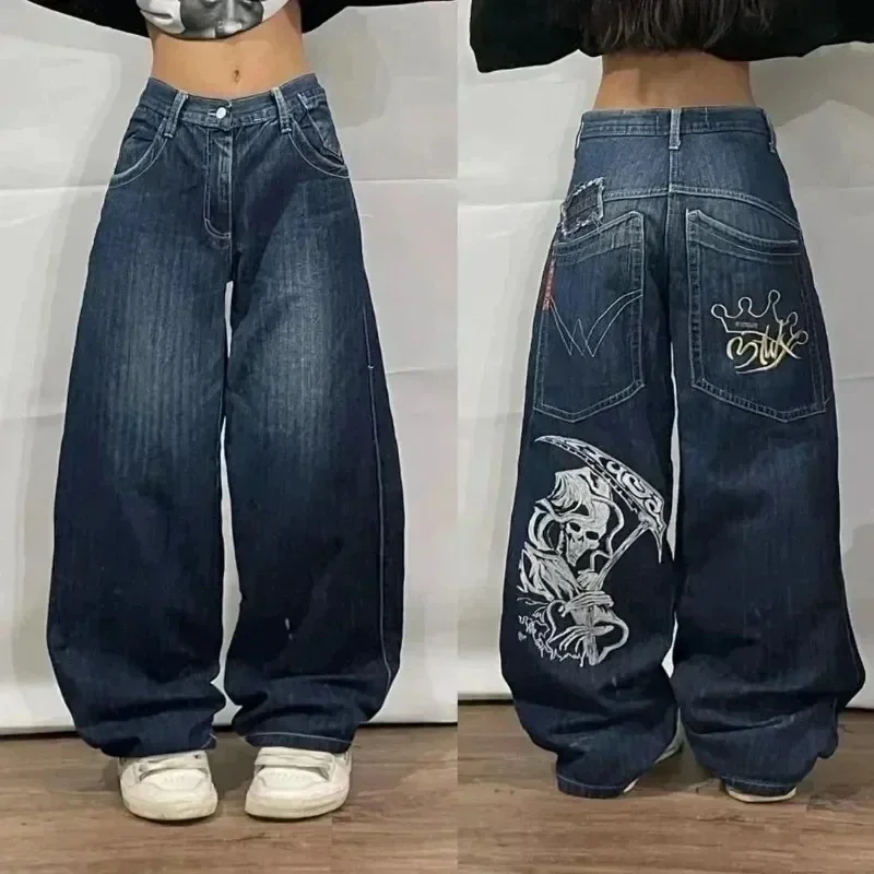 

American Vintage Washed Pattern Print Jeans Women Y2K New Street Hip Hop Straight Mopping Wide Leg Pants Unisex Casual Trousers