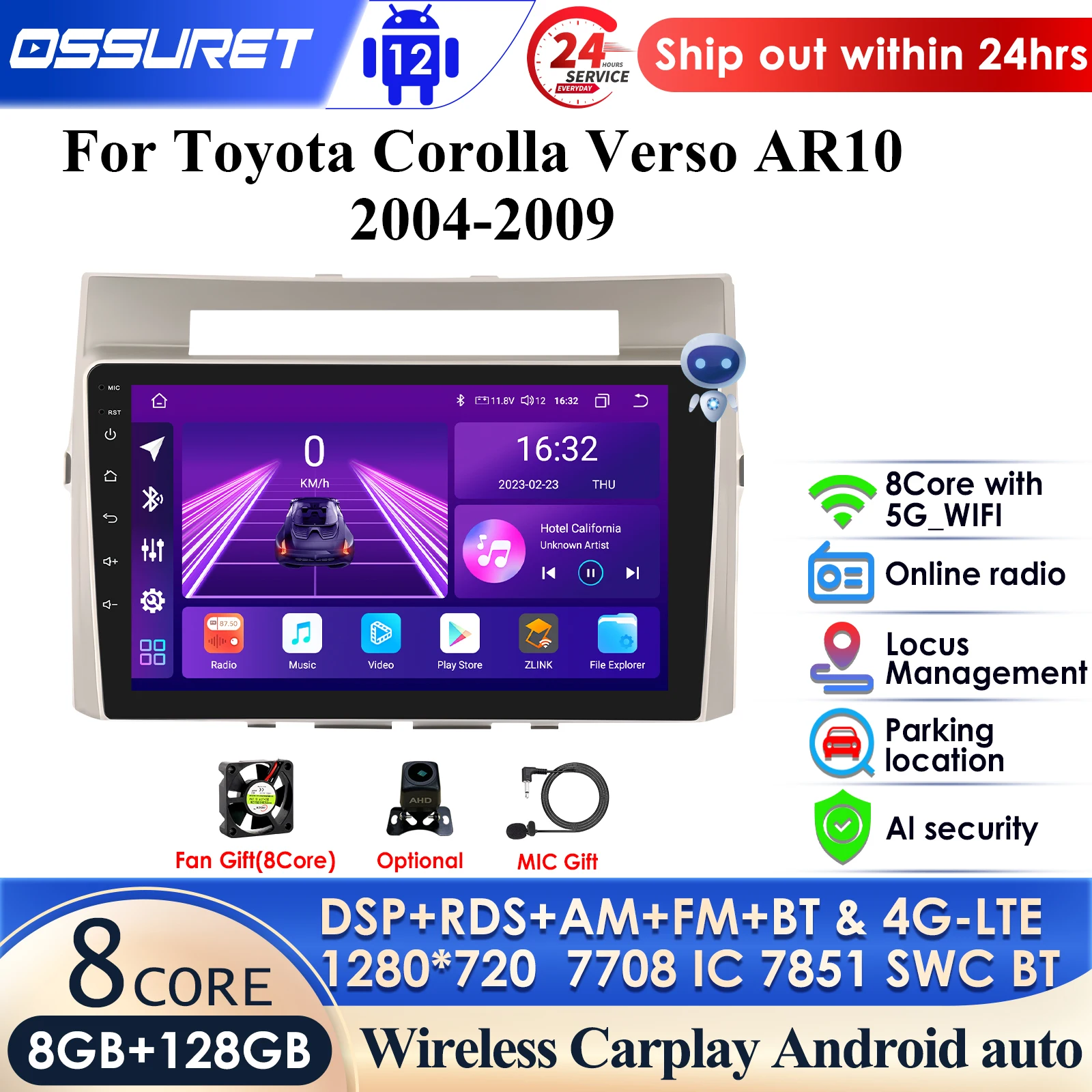 8 + 128 Android 13 Autoradio Per Toyota Corolla Verso Ar10 2004-2009 Lettore Multimediale 2Din Carplay Stereo Head Unit Audio Wifi 4G
