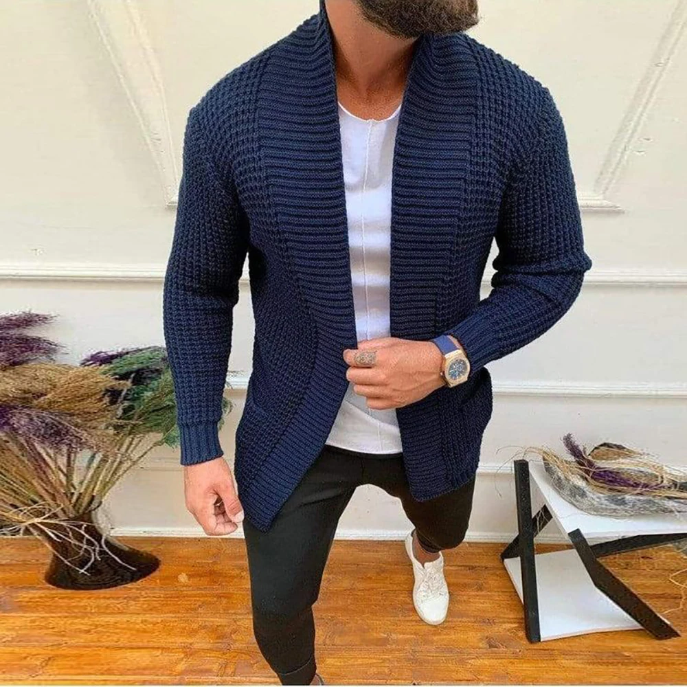 Men Knitted Cardigan Sweater Solid Color Casual Long Sleeve Slim Fit Handsome Tops With Pockets