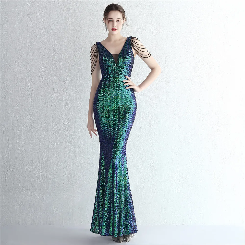 Women 1920s Plus Size Formal Dress Tassels Sleeve Sequins Gatsby Maxi Evening Gown