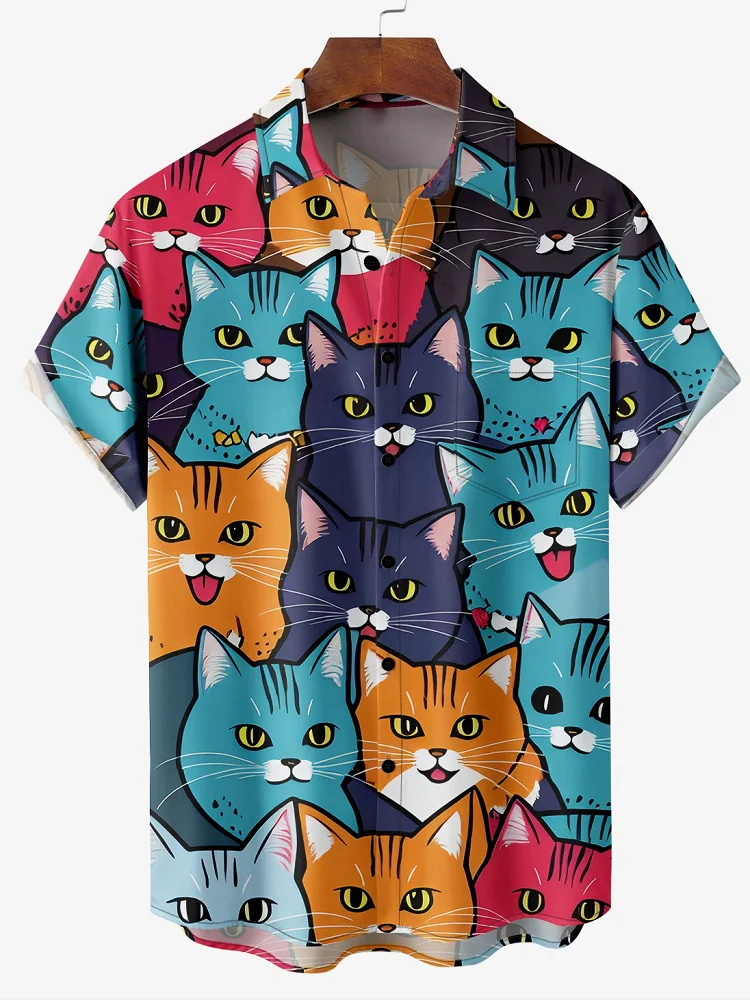 Cute Cat 2025 Hawaiian For Men Women Shirt Print Abstract Pattern Short Sleeve Loose Oversized Men's Summer Beach Casual Top 5