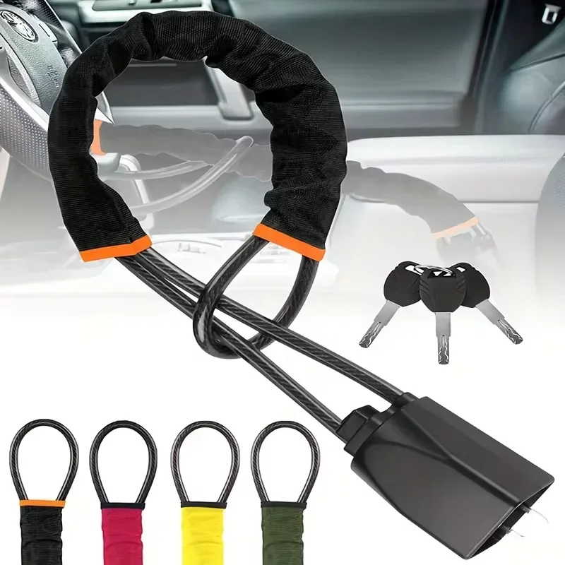 Universal Car Steering Wheel Lock with Seat Belt Socket and Steel Cable - Anti-Theft Protection Device with 3 Keys