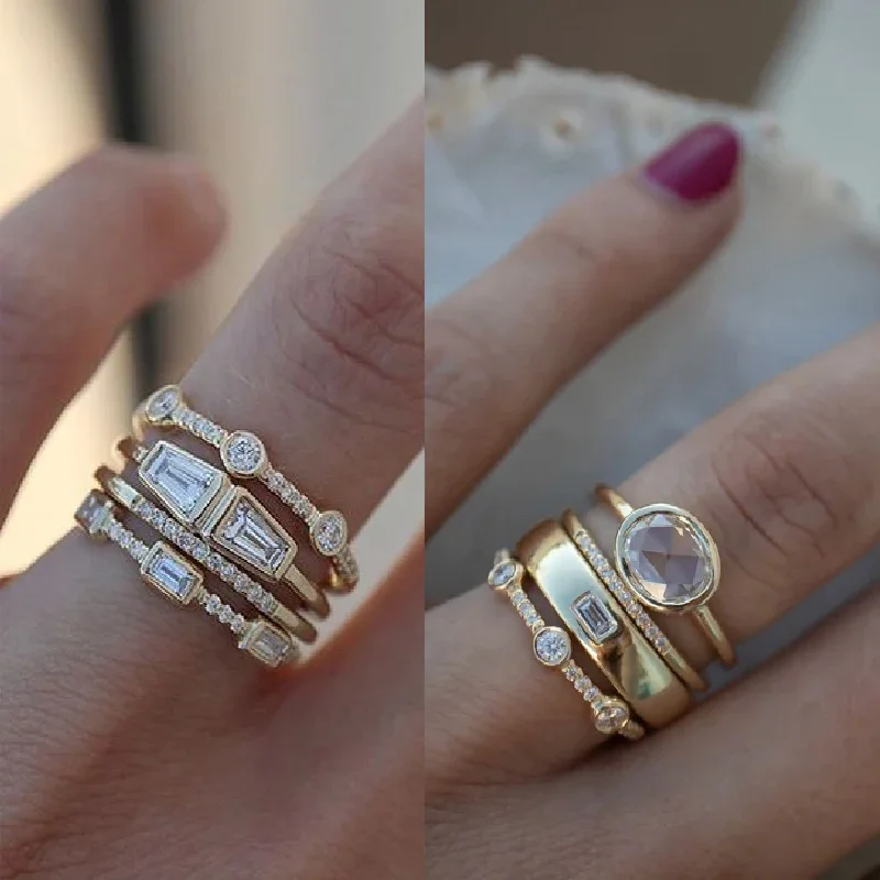 Ring Set 4 pcs/set Geometric Gold Color Combination Round Zircon Crystal for Women Engagement Party Wedding Rings Hand Jewelry