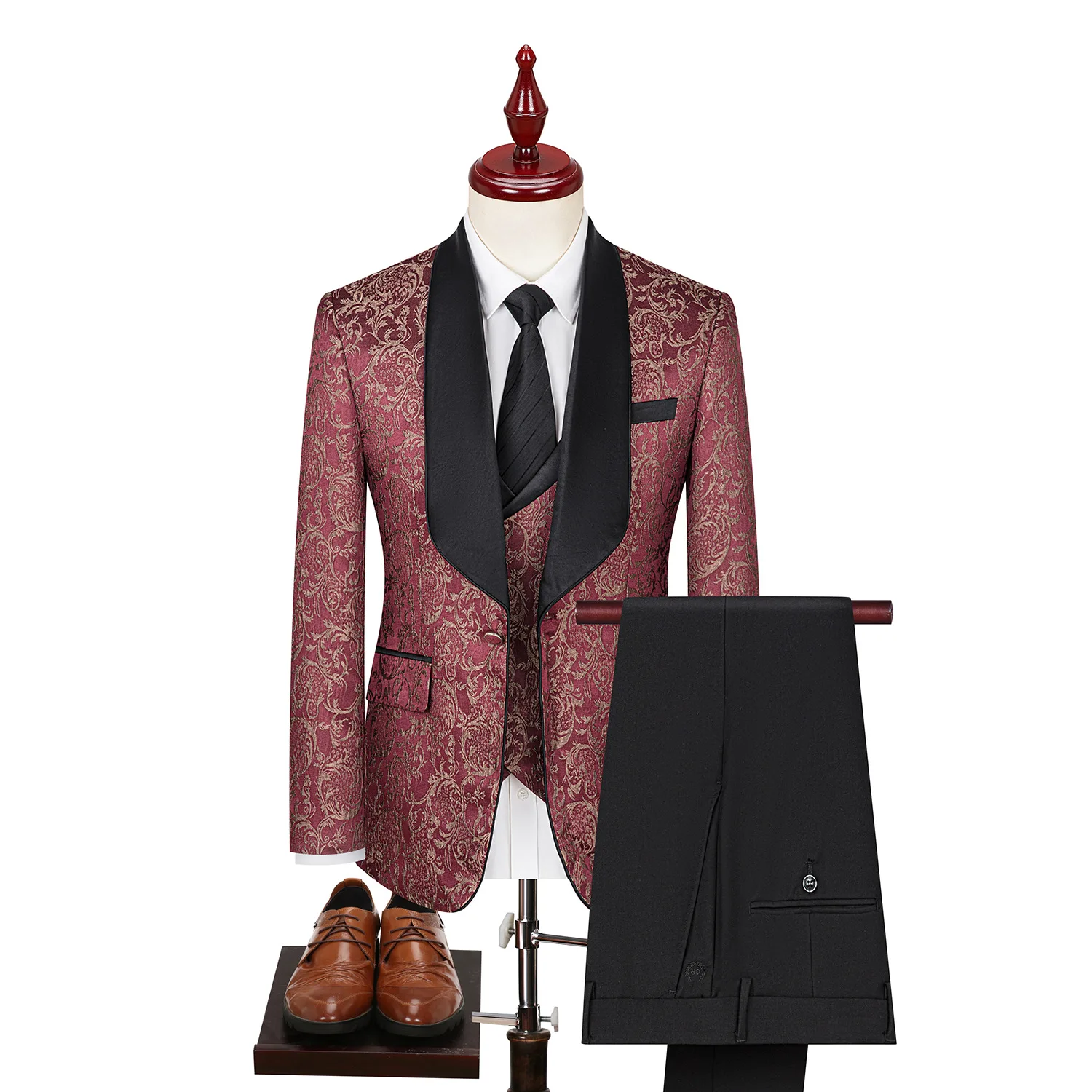 Embroidered Men Suit 3 Pieces Printed Striped With Lapel For Wedding Banquet Work Business Tuxedo Set Jacket Vest With Pants