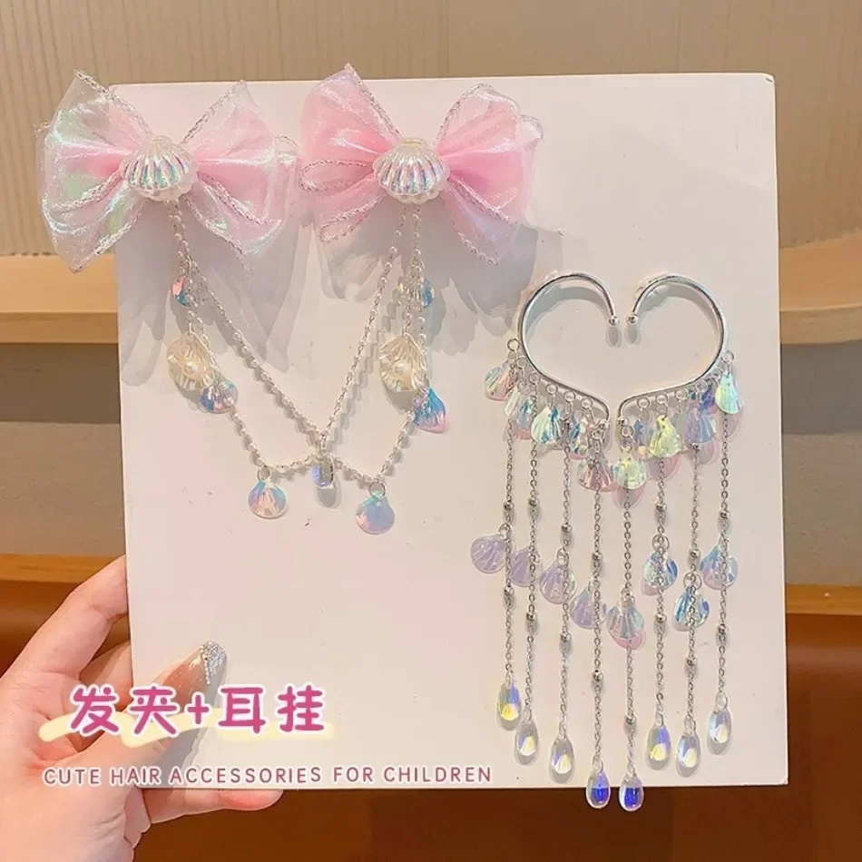 Baby Girls Cute Mermaid Princess Pearl Tassel Bow Forehead Chain Hair Clip