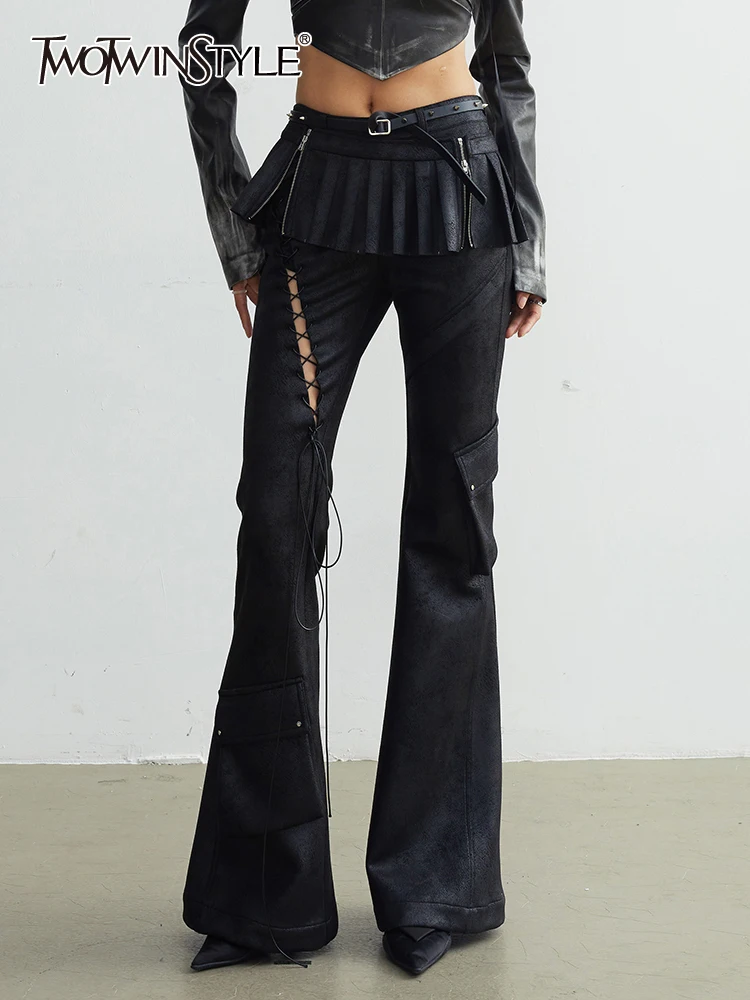 

TWOTWINSTYLE Solid Patchwork Pockets Slimming Flare Pants For Women High Waist Spliced Zipper Sexy Designer Pant Female Fashion