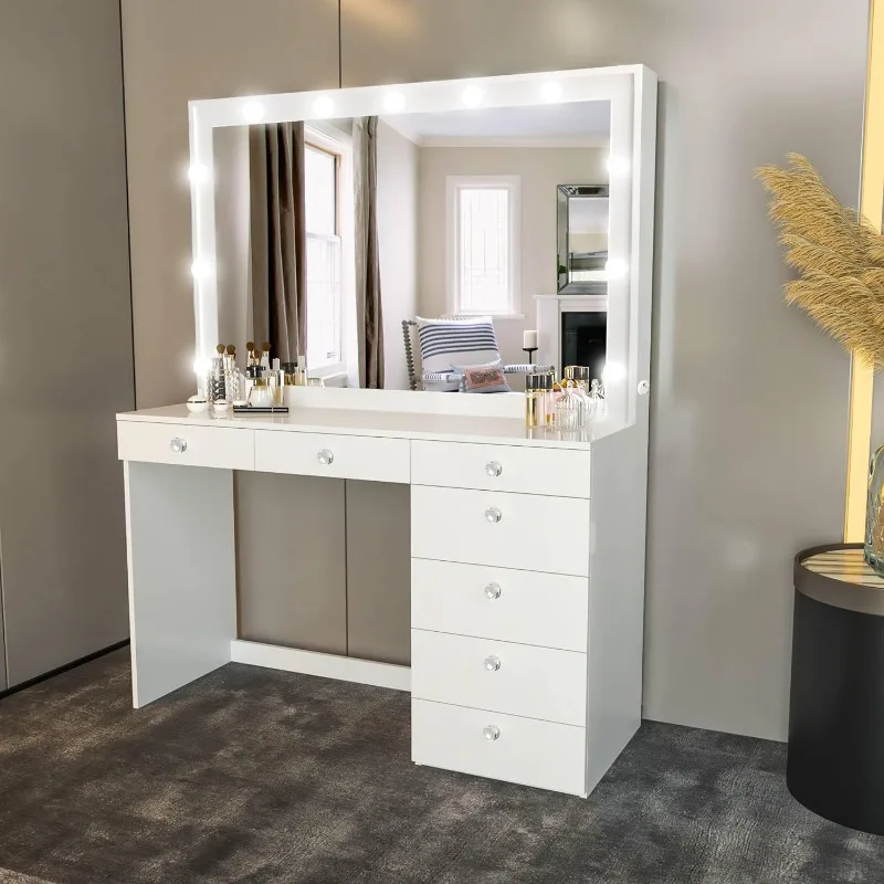 

Diana Large Vanity Makeup Desk with Vanity Mirror,Built-in Lights, 7 Drawers, Crystal Ball Knobs,Power Outlet, White Makeup Desk