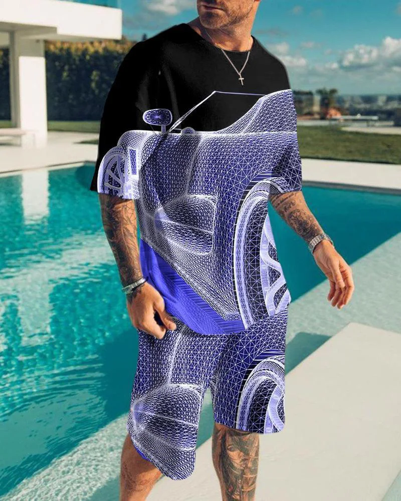 thumbnail image 1 of Conjunto de camiseta y pantalones cortos de playa informales con estampado digital 3D de animales para hombre, 1 of 5