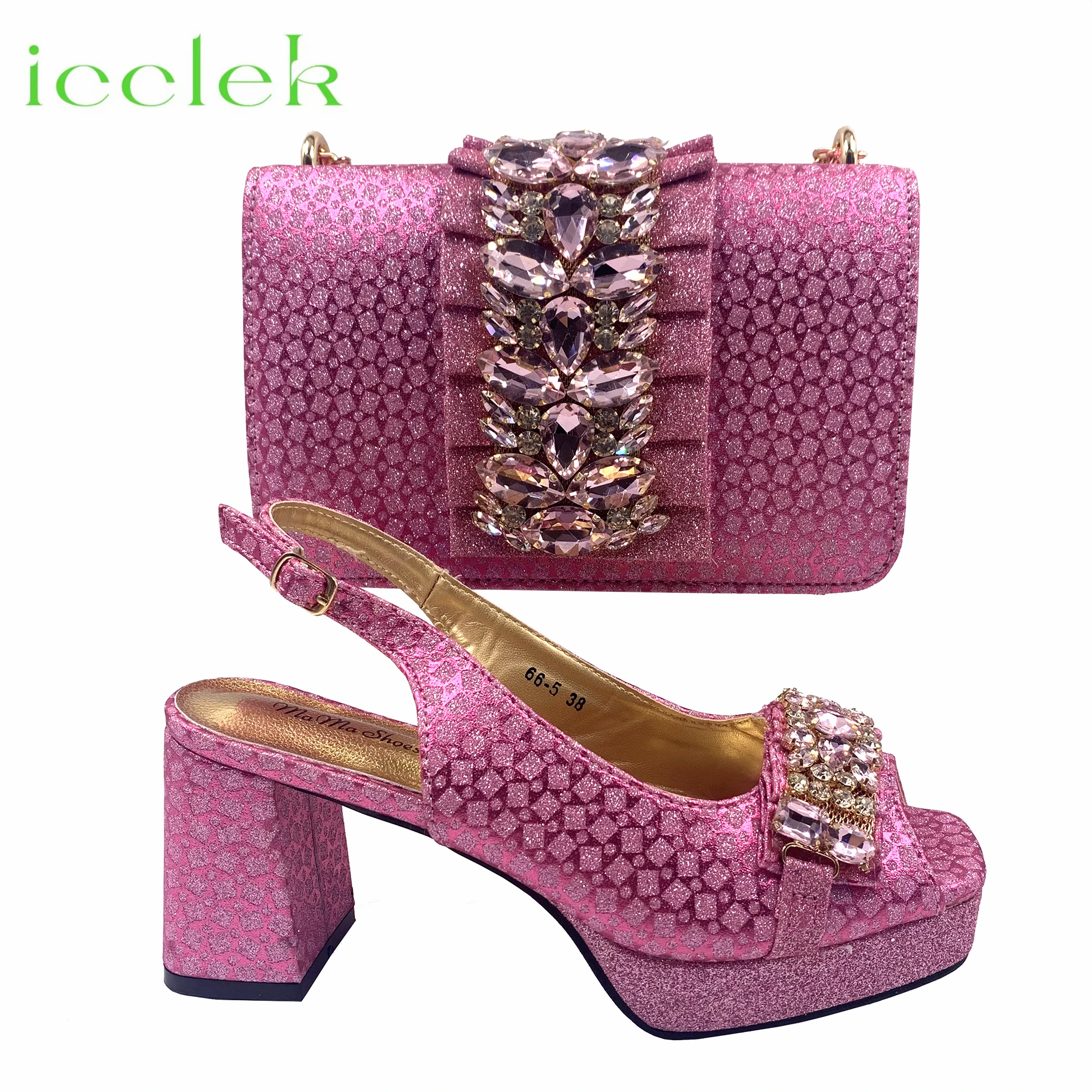 2026 Elegant Women's Peep Toe Heels and Matching Fuchsia Color Diamond Pumps Set Stylish Italian Shoes and Bags for Parties