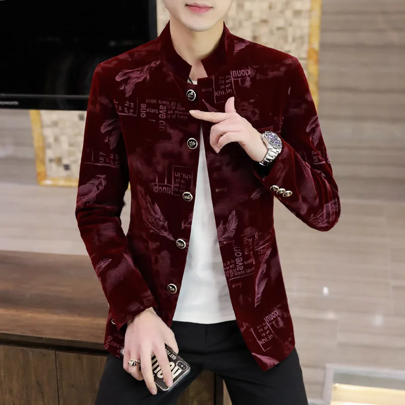 Luxury Retro Velvet Suit Jacket for Men Fashion Slim Fit Stand Collar Blazer Masculino Casual Business Wedding Dress Coat 2023 4