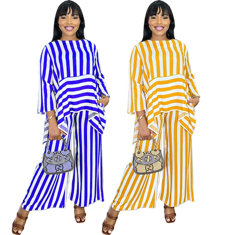 2023 Two Pieces Sets Women Strip Printed Irregular Long Sleeve Tops And Wide Leg Pants Set Suit Female 2 Piece Tracksuit Outfits