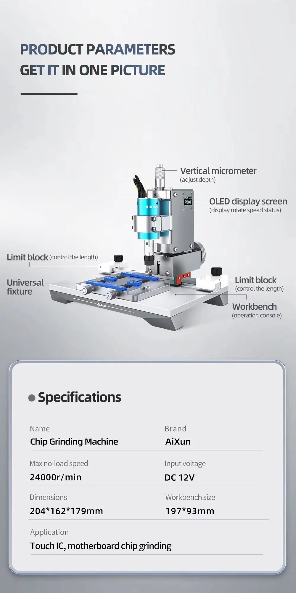 JC AIXUN Smart IC Chip Grinding Machine Mobile Phone Screen Hard Disk CPU Touch IC Mainboard Grinding Polishing Grinder Tool Set