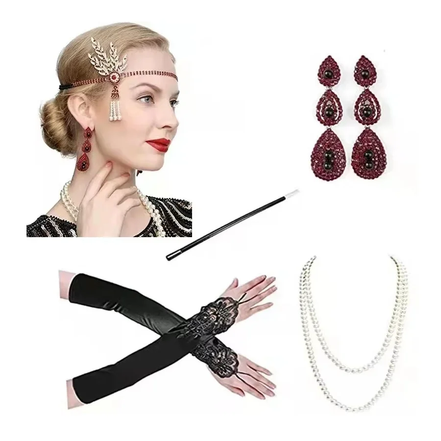 

1920s Great Gatsby Dresses Accessories Set for Women Cosplay Flapper Headband Pearl Necklace Bracelet Earring Cigarette Holder