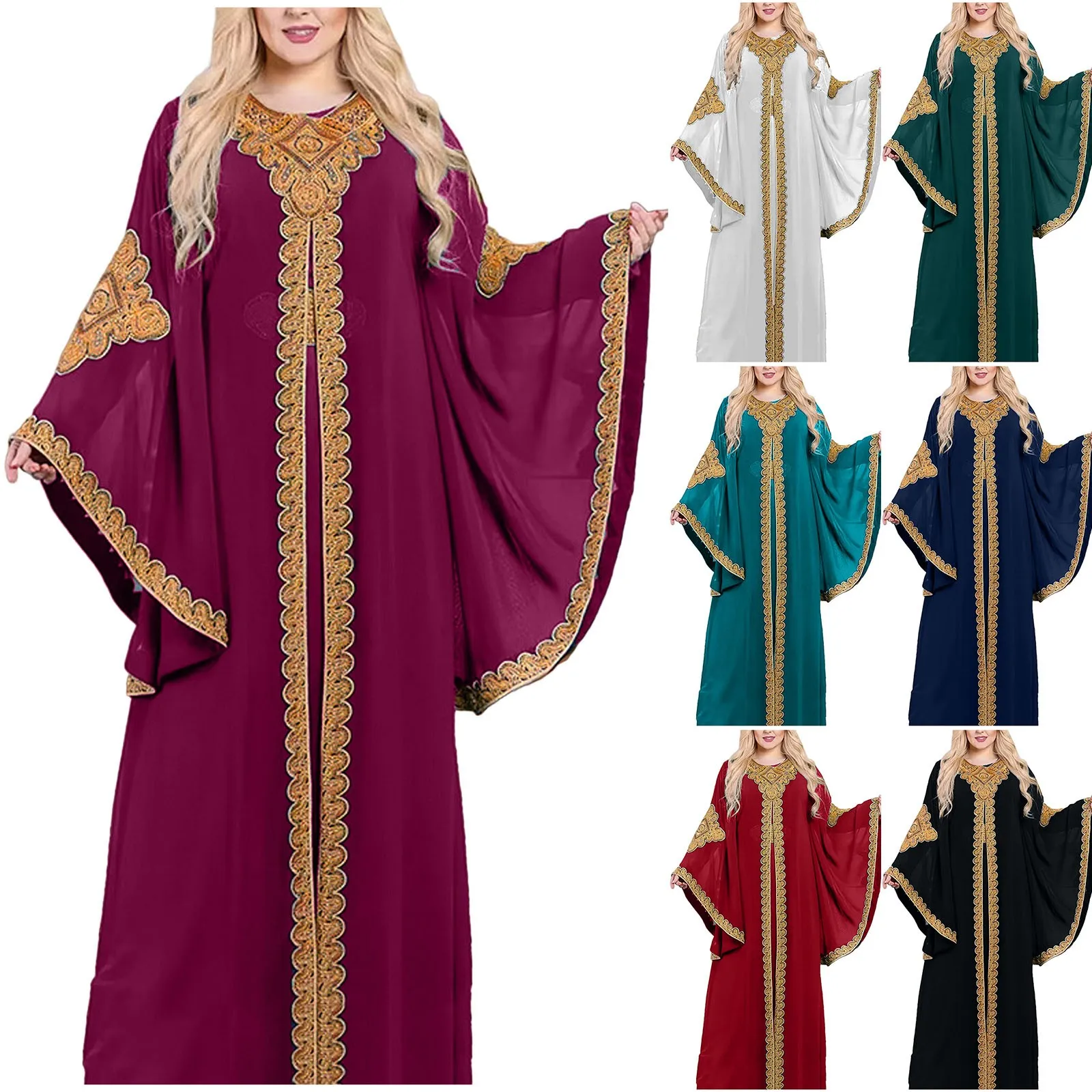 

Muslim Robe Dress Women's Long Sleeve Vintage Pullover Loose Style Full Length Loose Exquisite Embroidery Long Dress Clothing