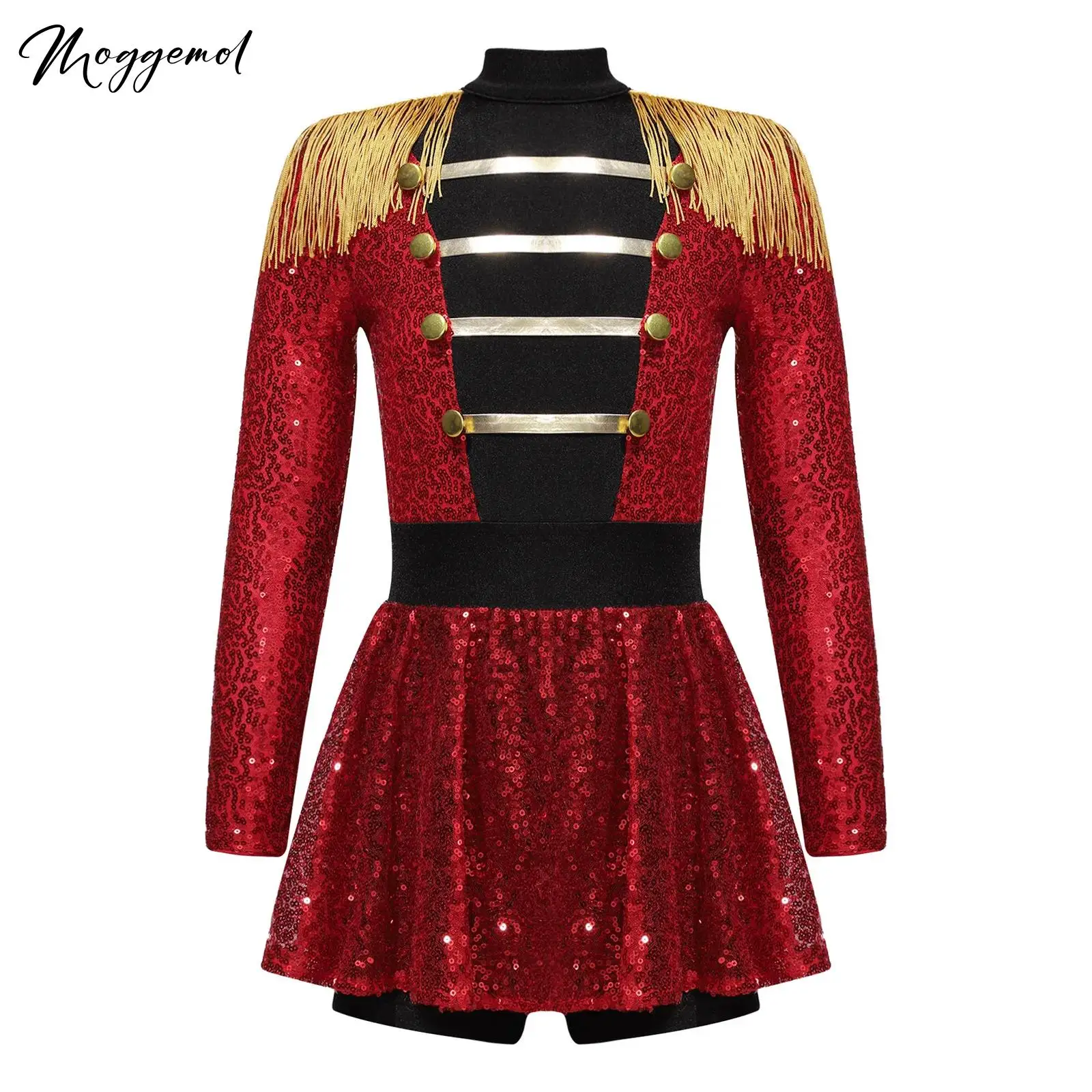 Kids Girls Circus Ringmaster Costume Shiny Sequins Long Sleeve Performance Tassel Epaulet Jumpsuit Built-in Shorts Dress Outfit