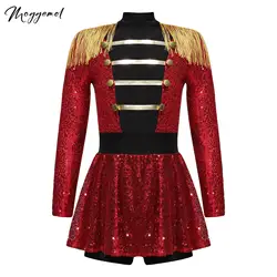 Kids Girls Circus Ringmaster Costume Shiny Sequins Long Sleeve Performance Tassel Epaulet Jumpsuit Built-in Shorts Dress Outfit