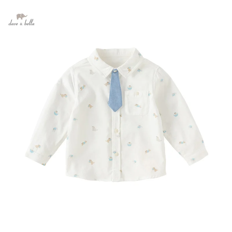 Boy Spring Cotton Long Sleeve Shirts with Small Tie Dog Print