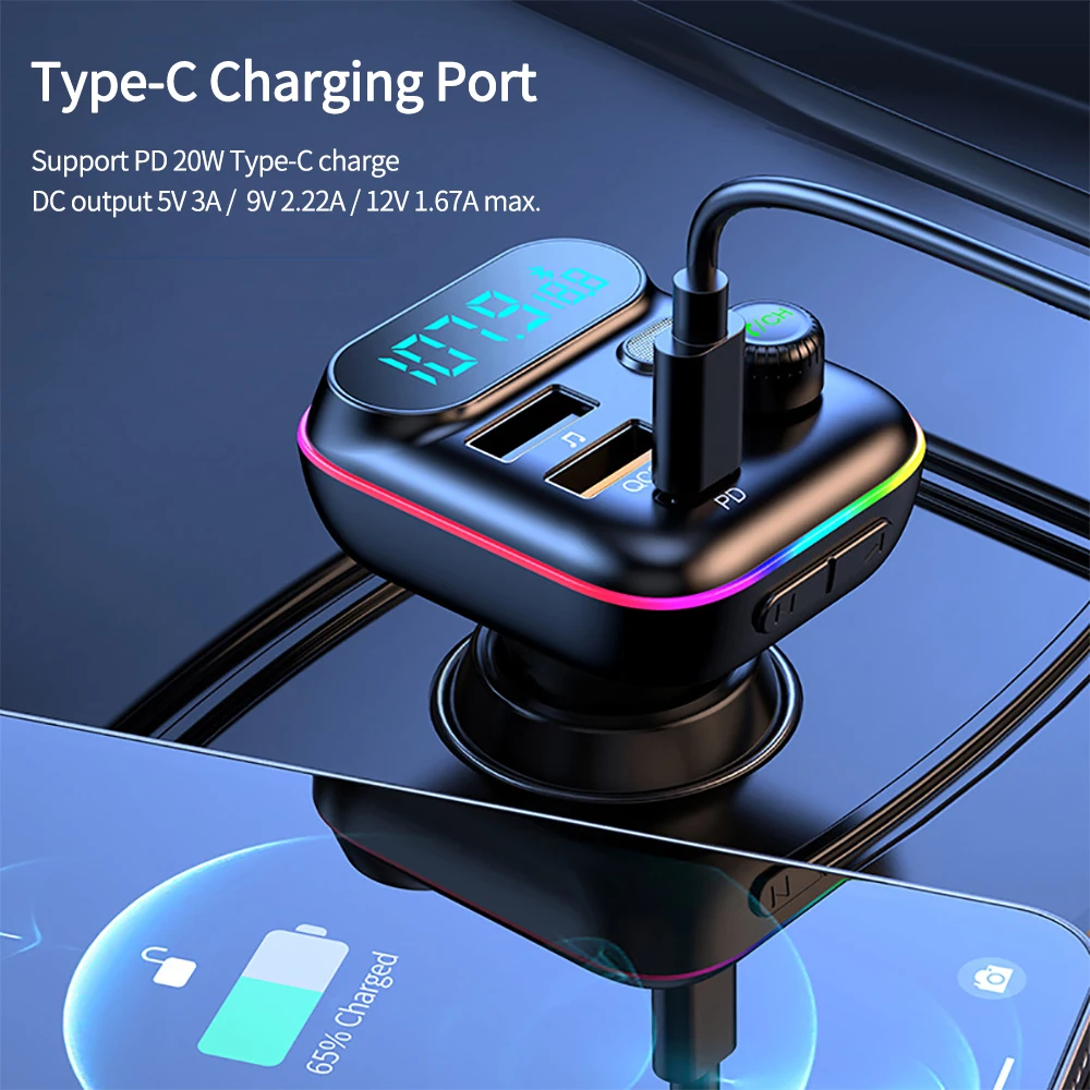 

Car Charger T70 Colorful Atmosphere Light Car Bluetooth-compatible MP3FM Transmitter QC3.0 Fast Charge PD Card Insert U Disk