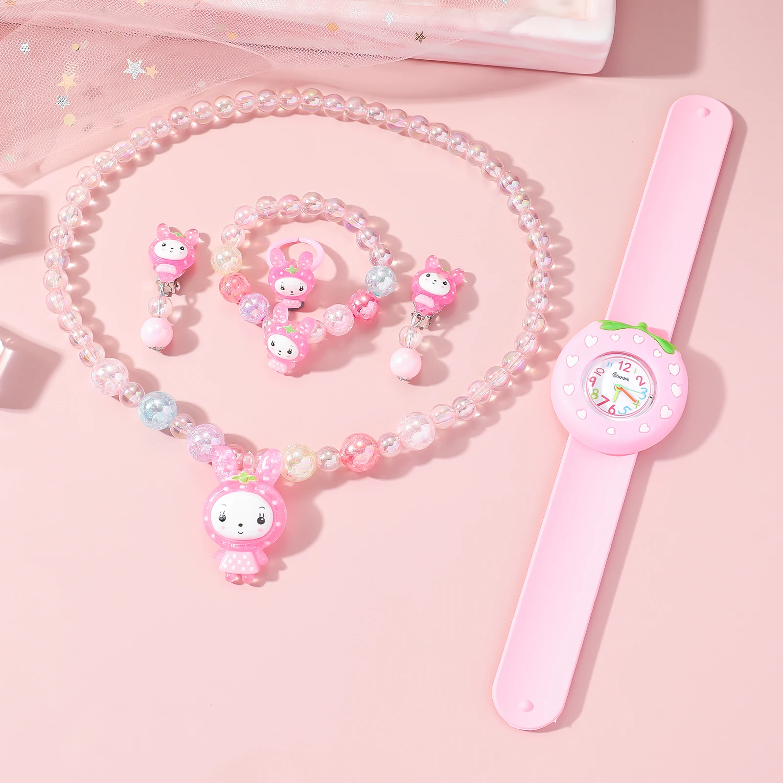 Children's New Cartoon Unicorn Snap Watch + Cute Rainbow Beaded Crown Jewelry Set 2