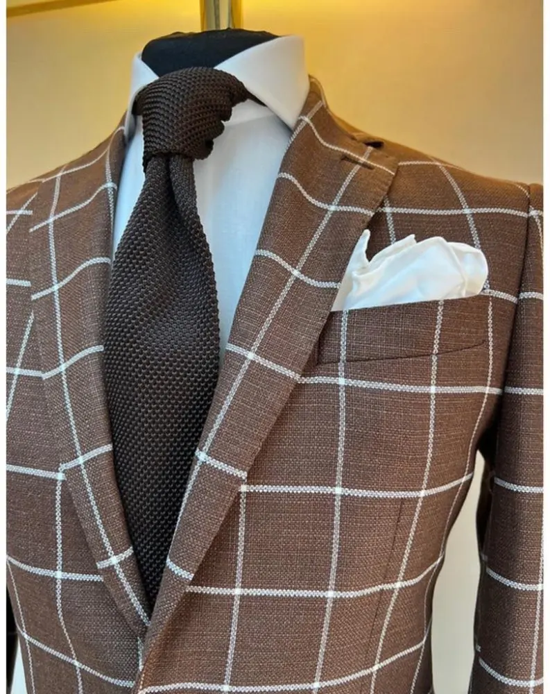 

Men's Suit Blazer Brown Plaid Linen Summer Breathable Jacket Tailor Made Big And Tall Casual Business Daily Wear