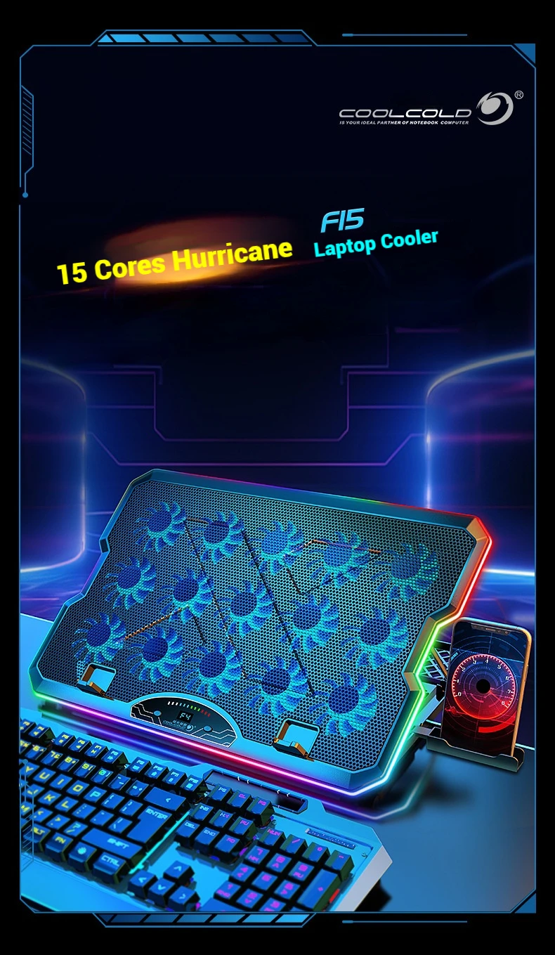 COOLCOLD F15 Gaming RGB Laptop Cooling Pad 15 Quiet Fans For 12-17.3 Inch With USB TYPE-C Port Notebook Cooler Stand_voghion.com