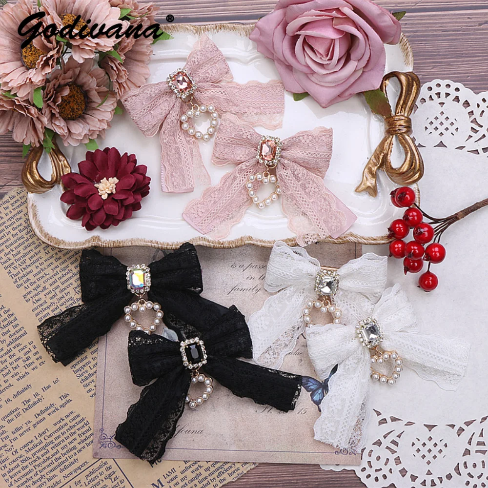 Lolita Barrettes Sweet Tiaras Lace Bow Love Pearl Pendant Barrettes Side Clip Rhinestone Bownot Hair Pin Hairbows Accessories