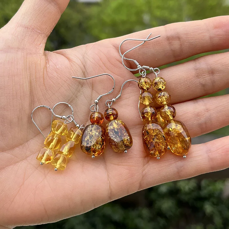 Boucles D'oreilles Pendantes Artisanales - Perles En Ambre Véritable, Or Fin, Neuves